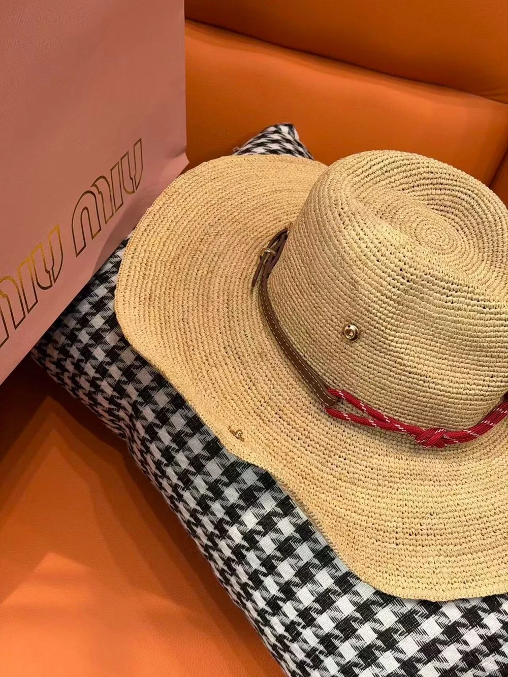 Miu Miu Natural Straw Cowboy Hat with Red Band
